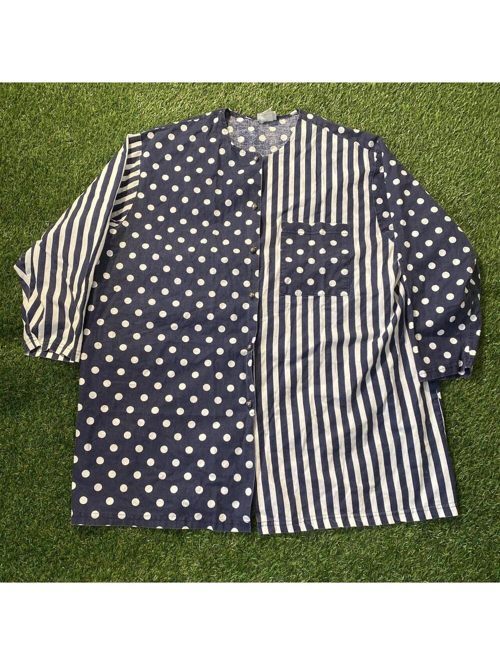 Vintage 80’s Sandcastle Catalina Navy blue and white polka dot button-up shirt